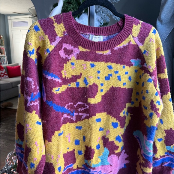 Umgee Women's Burgundy and Yellow Animal Print Sweater - Picture 4 of 5